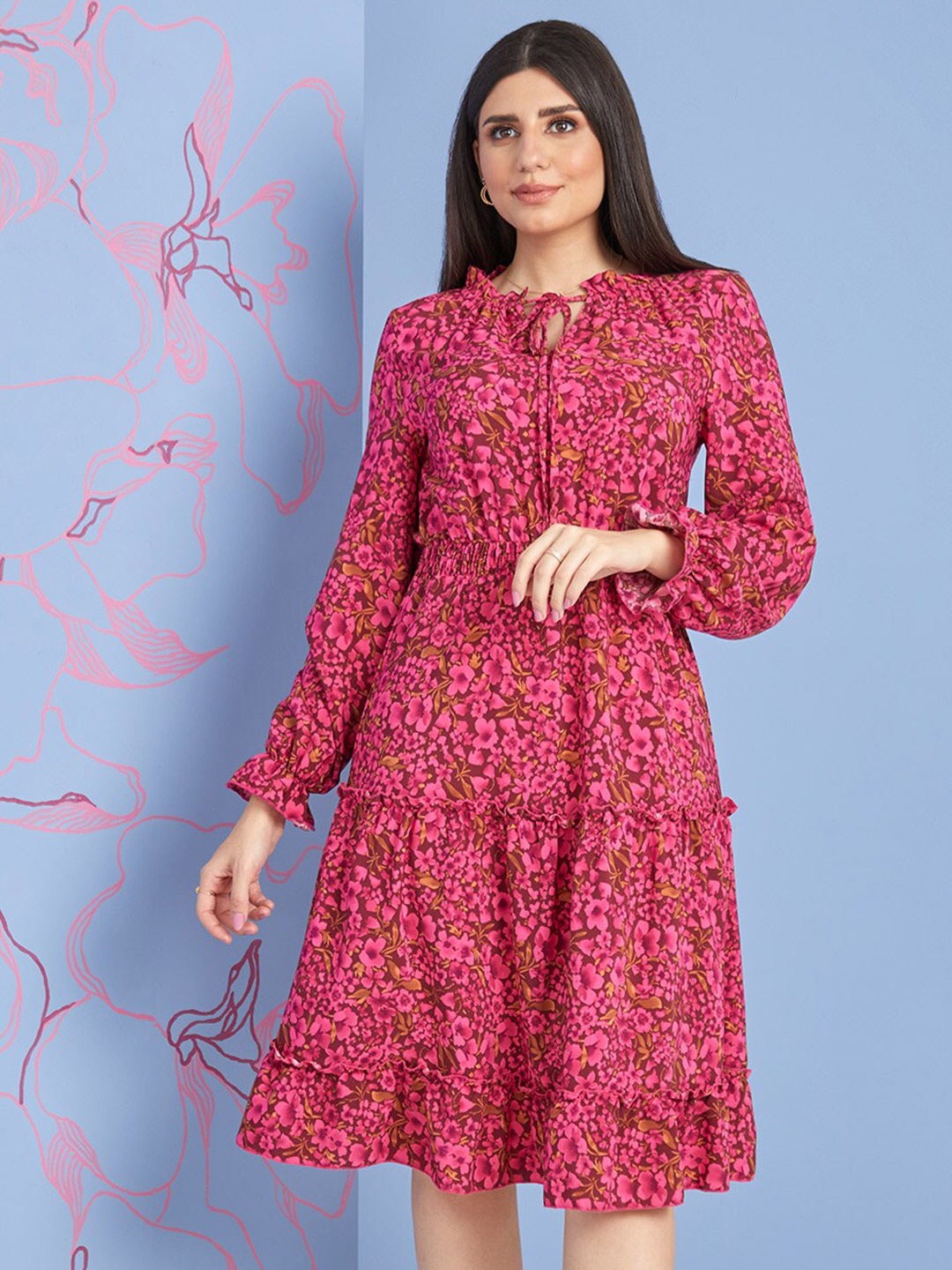 

Styli Frill Cuff Sleeves Floral Print Tiered Knee Length Dress, Pink