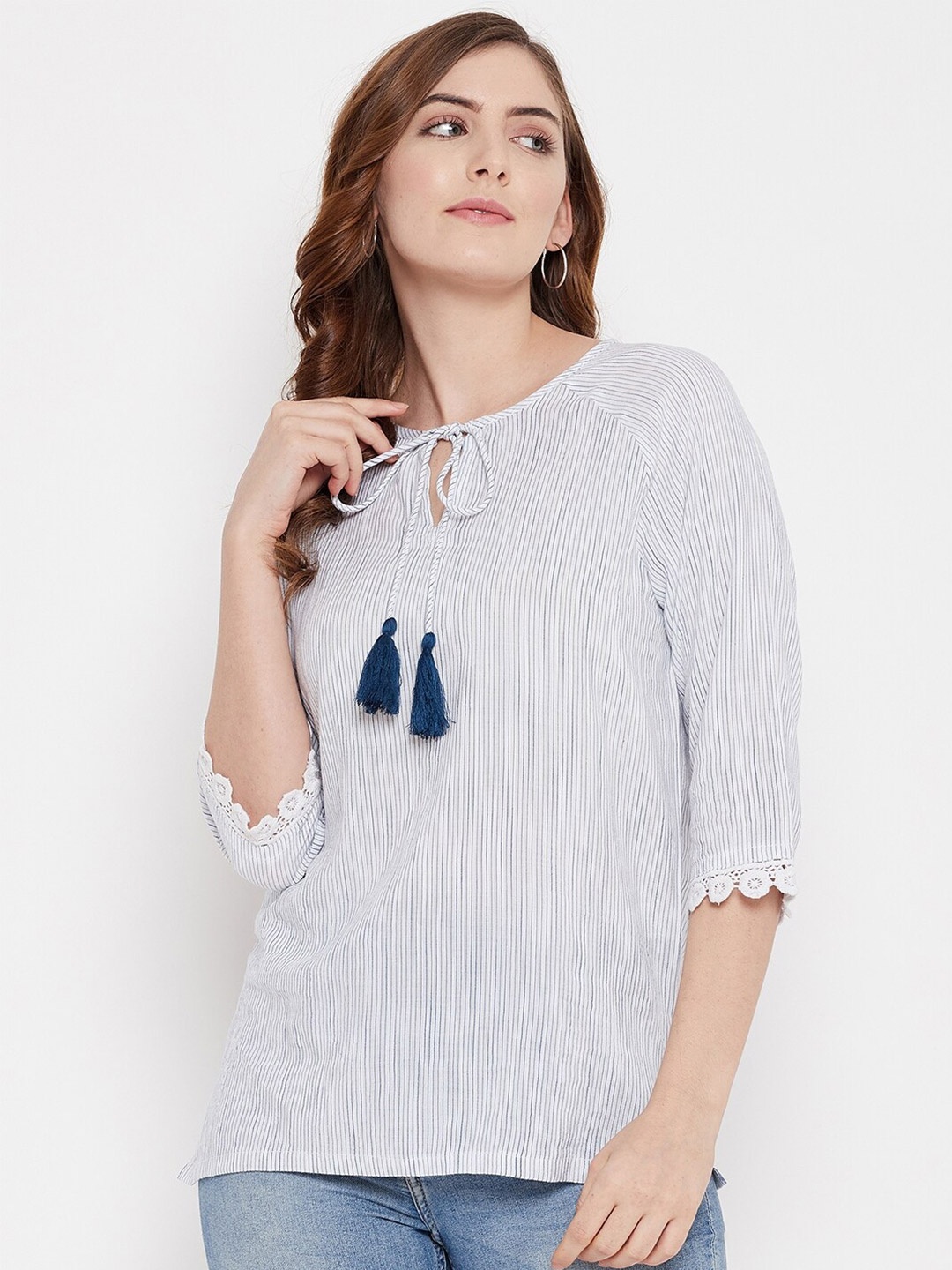 

Duke White Striped Tie-Up Neck Top