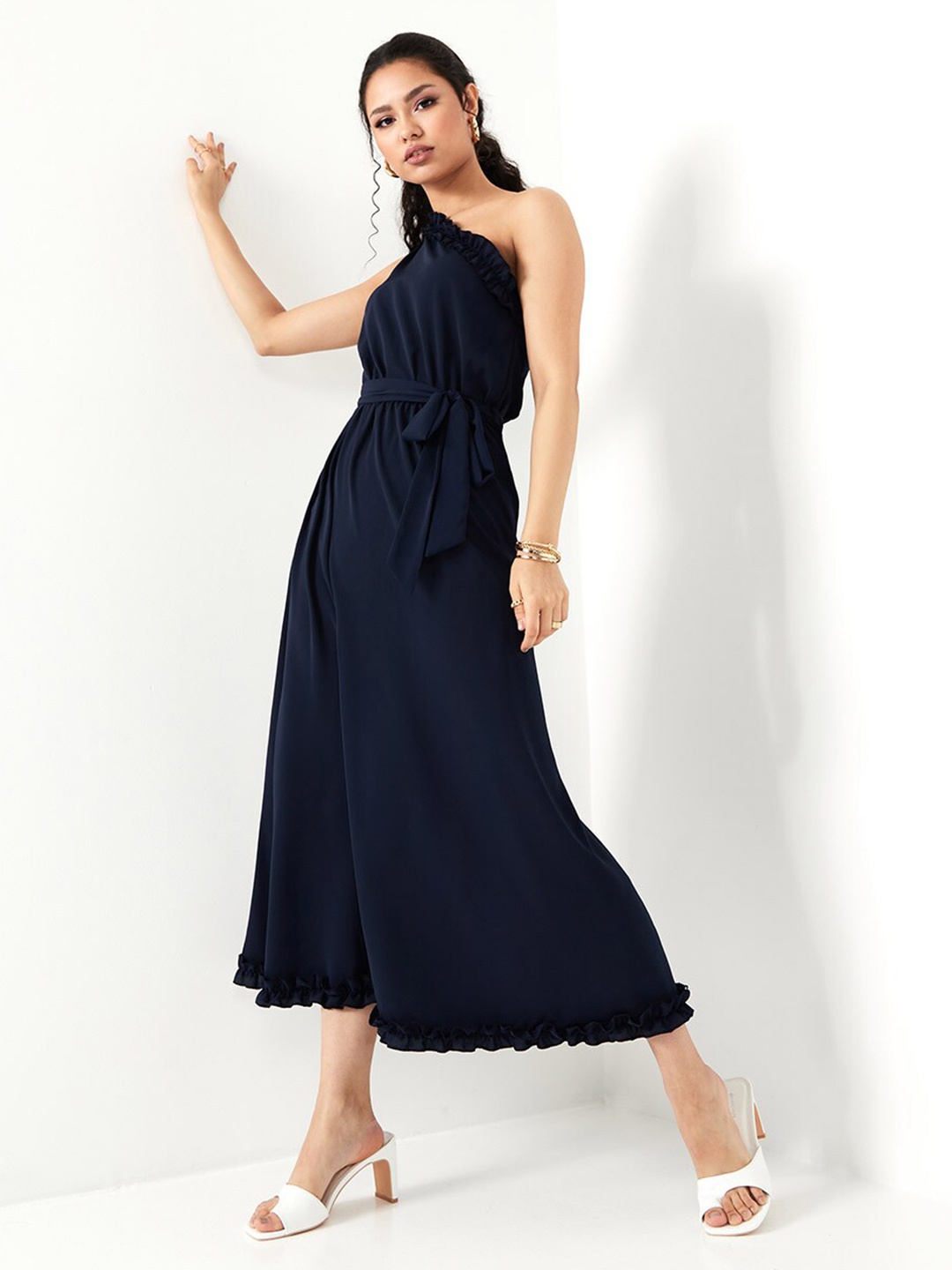 

Styli Blue One Sleeve Ruffle Trim A-Line Maxi Dress