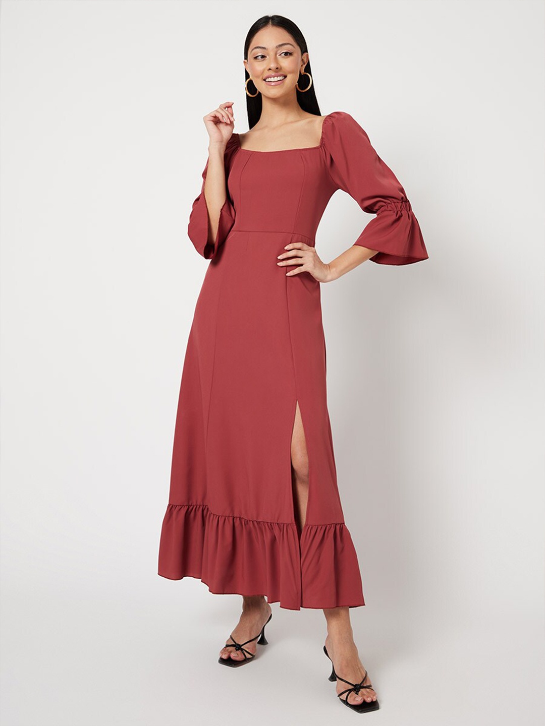 

Styli Women Ruffled Hem Slit Detail Woven Maxi Dress, Burgundy