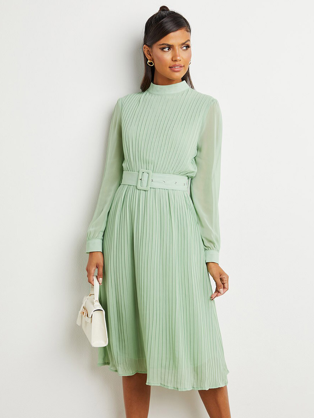 

Styli Pleated High Neck A-Line Midi Dress with Belt, Green