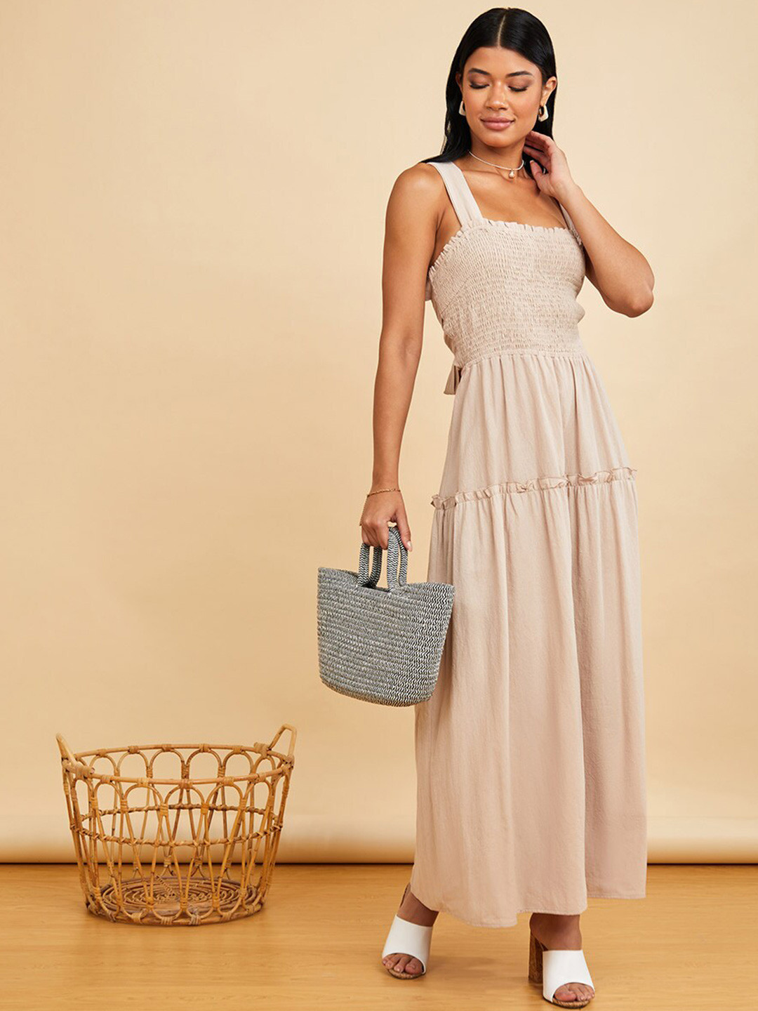 

Styli Beige Sleeveless Crossover Back Tiered Maxi Dress