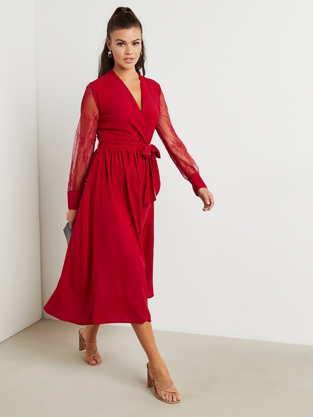 

Styli Women Lace Sleeve A-Line Midi Dress with Tie Belt, Burgundy