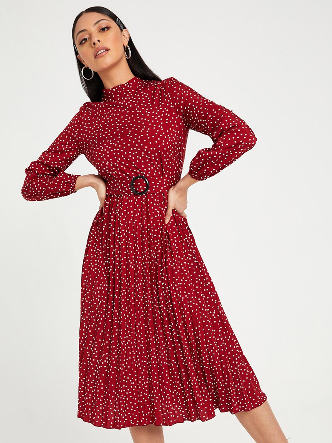 

Styli Red Long Sleeves High Neck Polka Dot Print A-Line Midi Dress