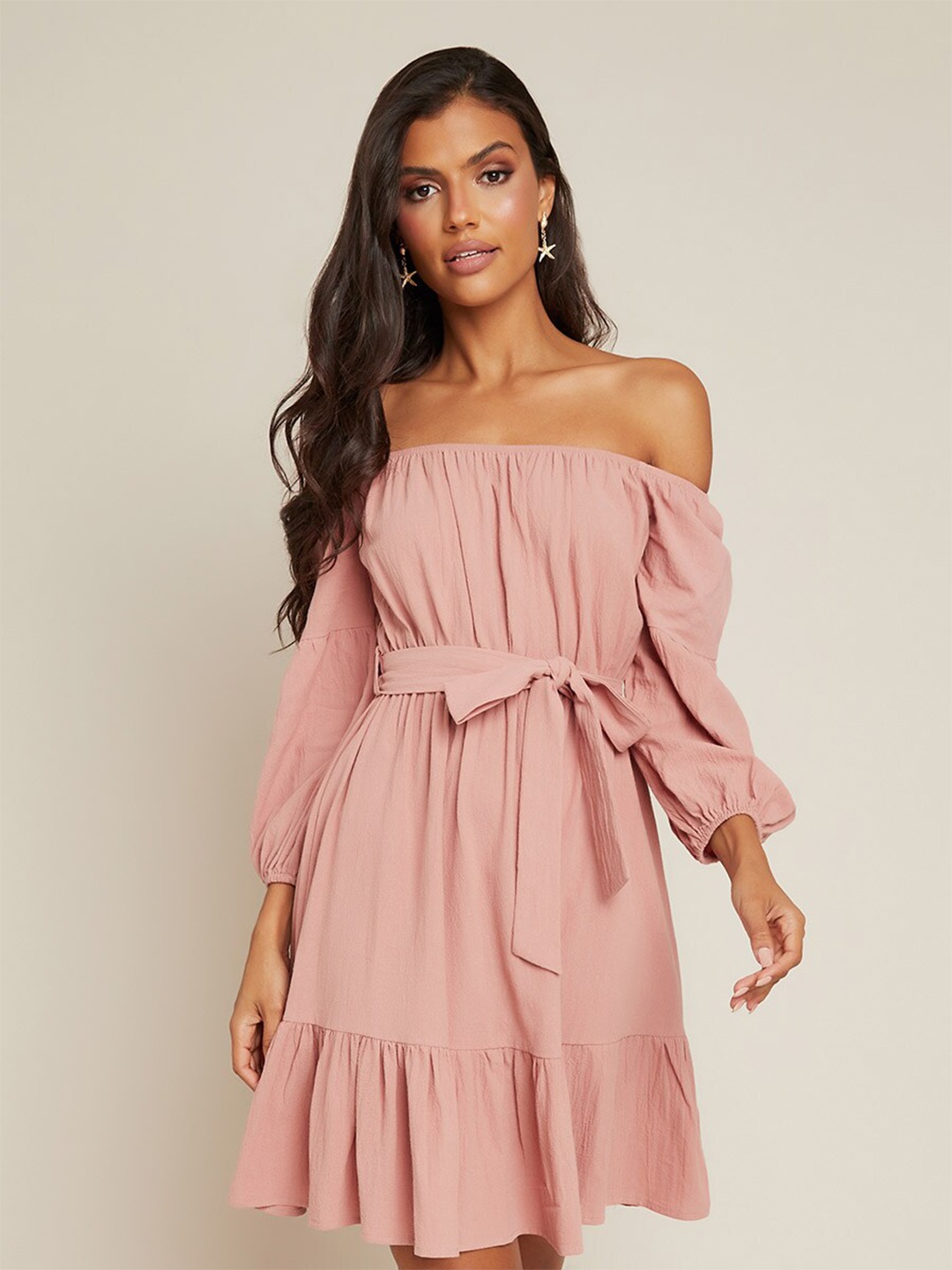 

Styli Women Cotton Off Shoulder A-Line Mini Dress with Self Belt, Pink