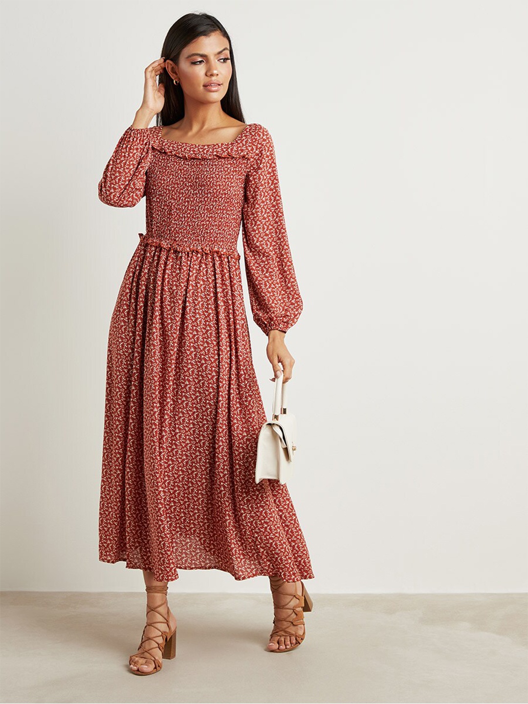 

Styli Ditsy Print Square Neck A-Line Maxi Dress with Frill Detail, Rust