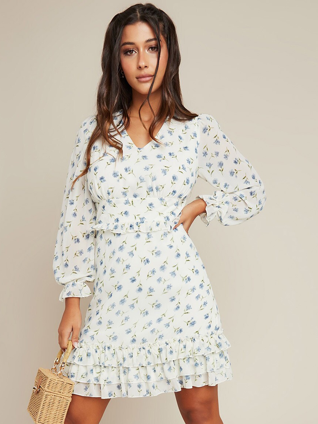 

Styli Floral Print Ruffle Detail A-Line Mini Dress, Cream
