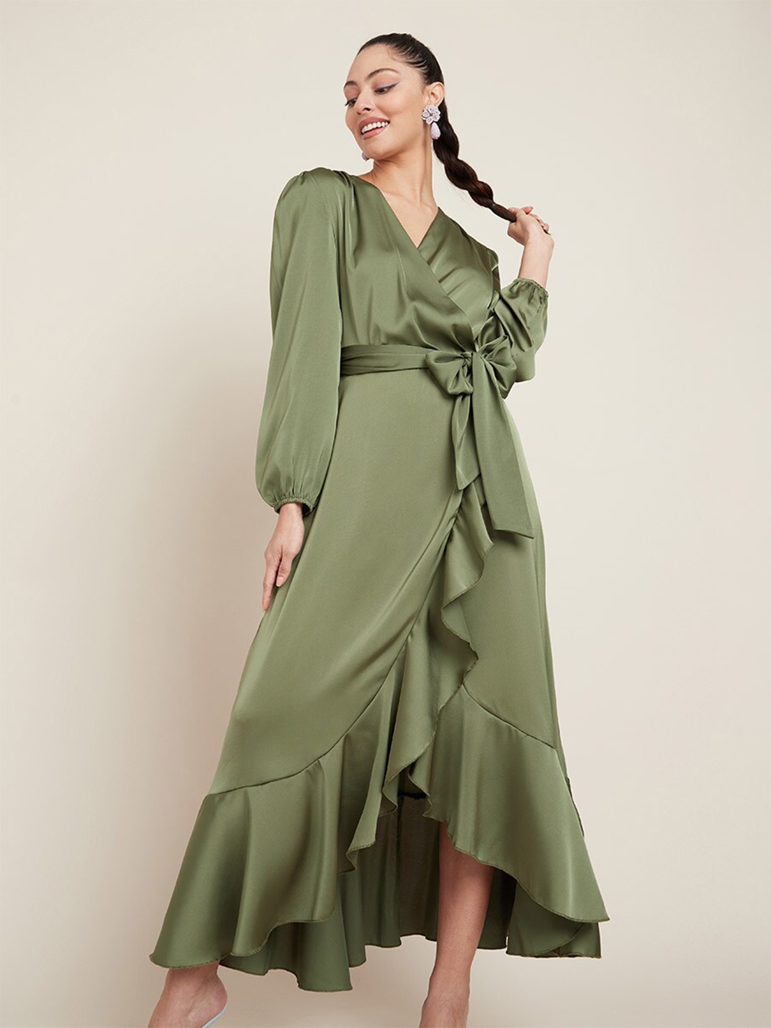 

Styli Women Wrap Midi Dress with Ruffle Detail, Green