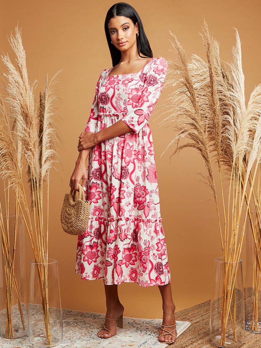 

Styli Square Neck Floral Print A-Line Midi Dress, Pink