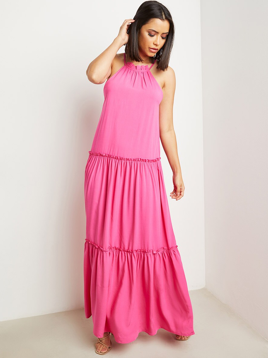 

Styli Racer Neck Tiered Maxi Dress, Pink