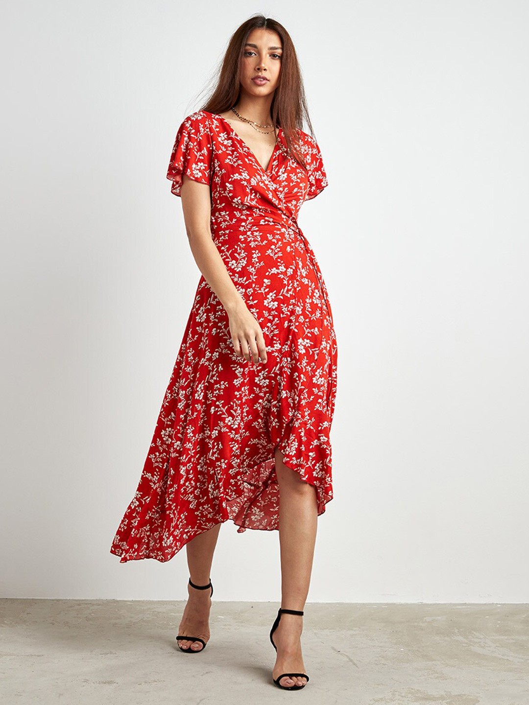 

Styli Red Floral Print Wrap Midi Dress