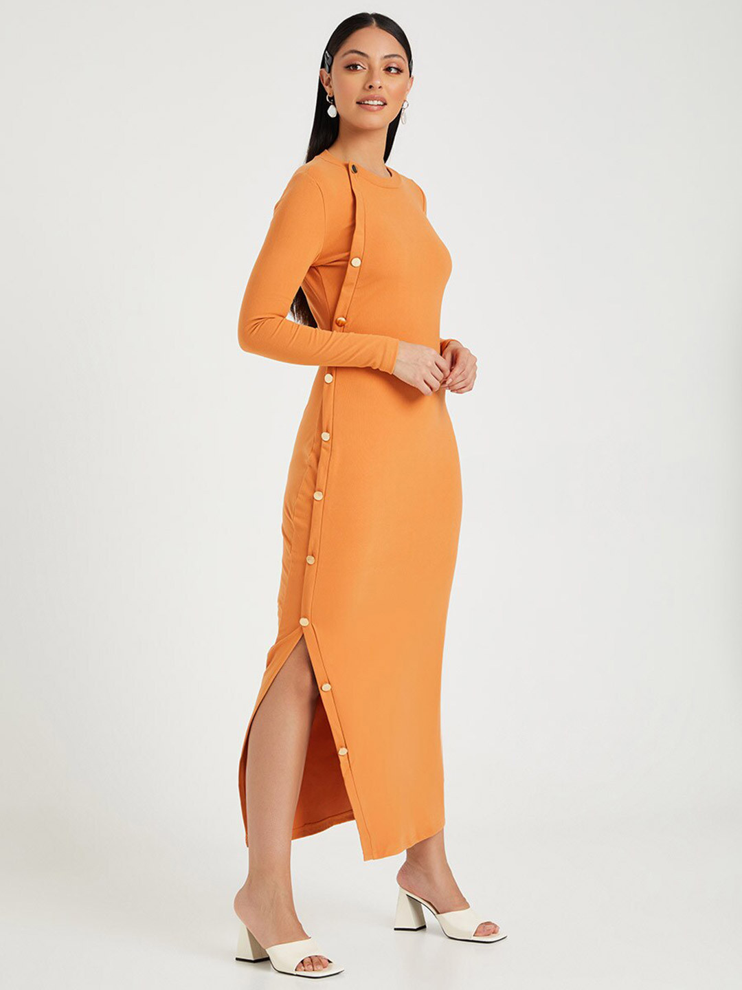 

Styli Orange Side Button Detail Maxi Dress