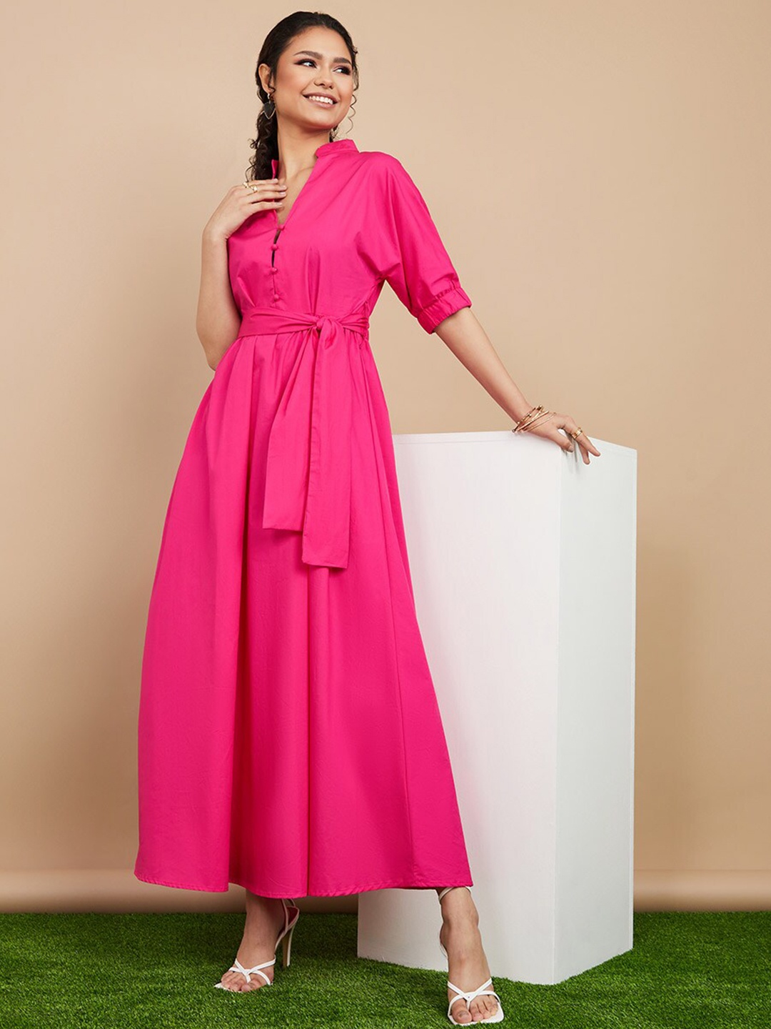 

Styli Pink Elbow Sleeves Cotton A-Line Maxi Dress with Notch Neck
