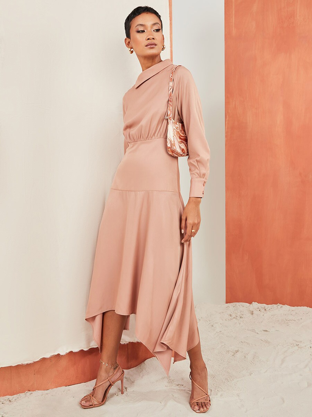 

Styli Pink Asymmetric Hem Detail A-Line Midi Dress with Side Collar