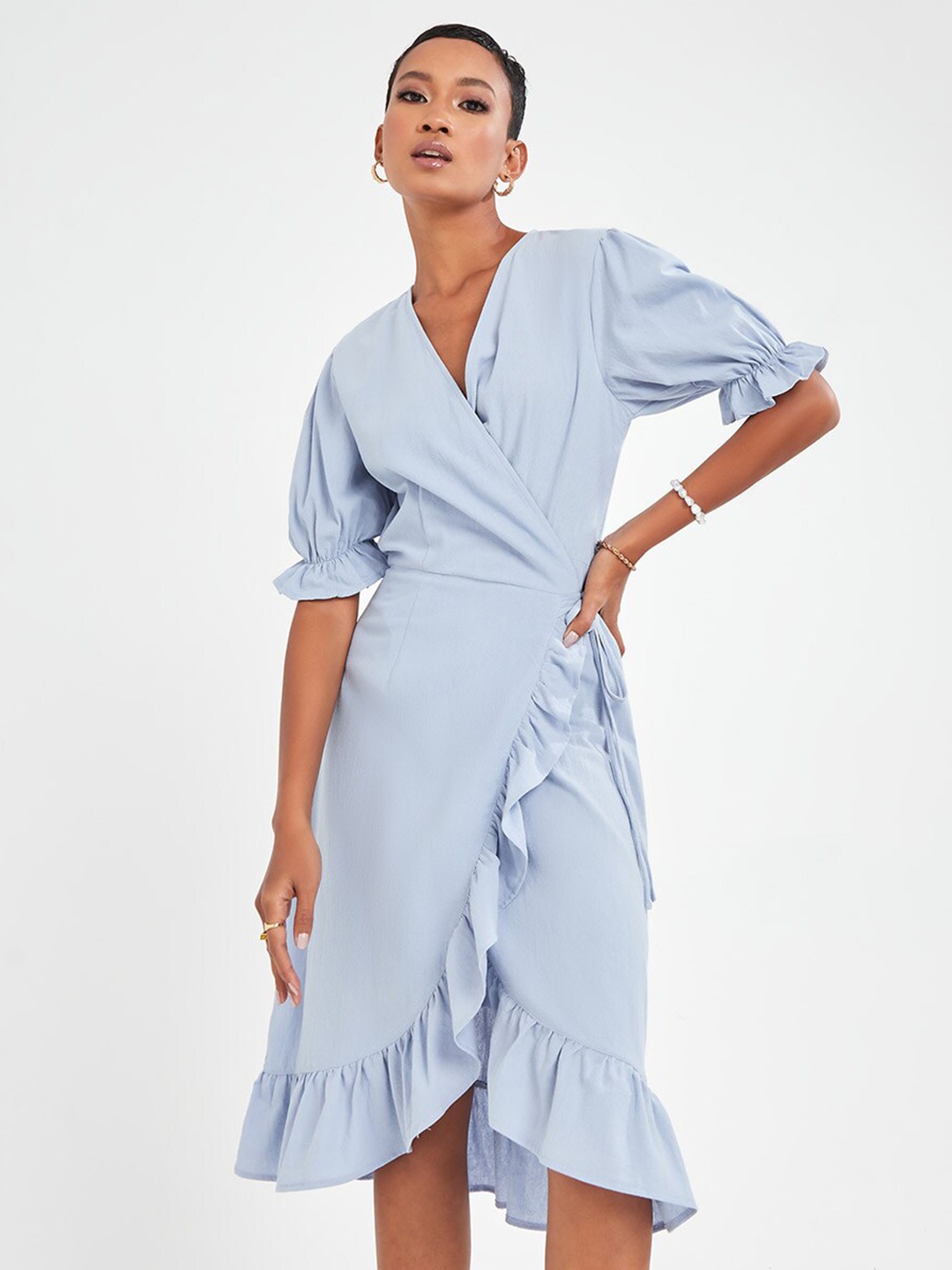 

Styli Blue Cuffed Sleeves Ruffle Detail Cotton Wrap Midi Dress