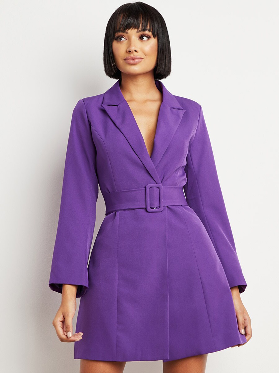 

Styli Purple Notch Lapel Belted Blazer Mini Dress