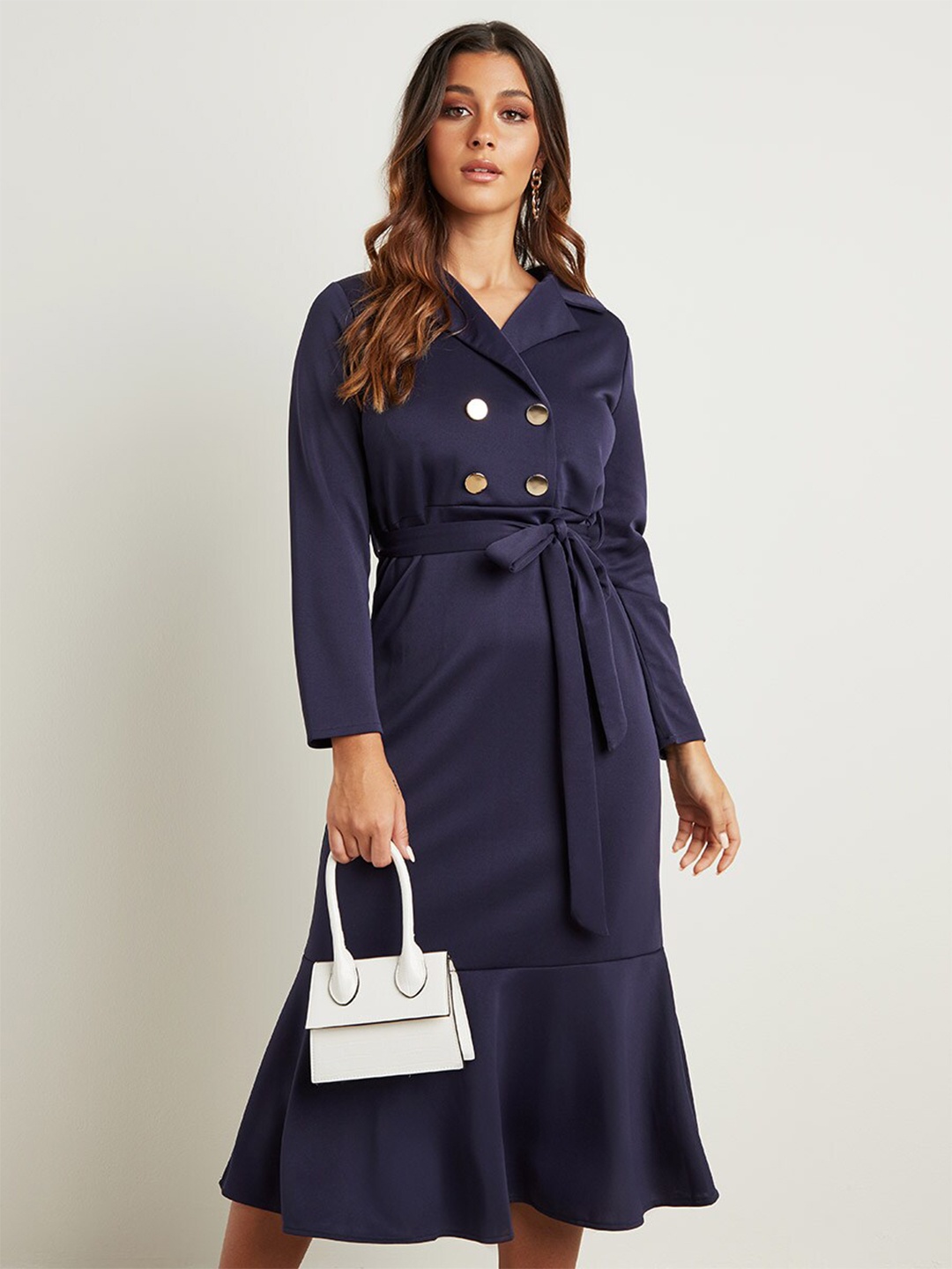 

Styli Navy Blue Solid Collared Frill Hem A-Line Midi Dress with Zip Closure