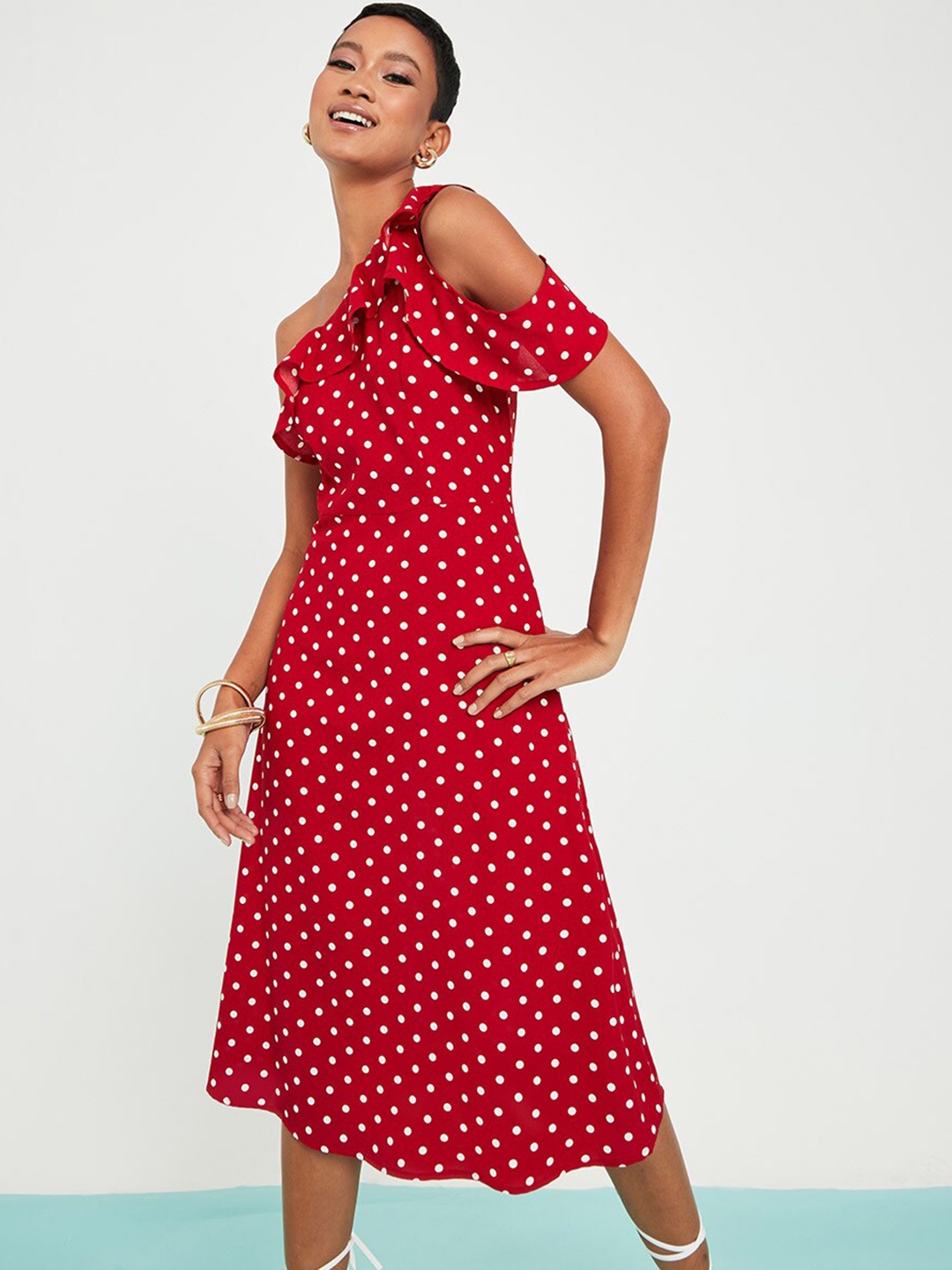 

Styli Red Asymmetric Neck One Shoulder Polka Dot A-Line Midi Dress