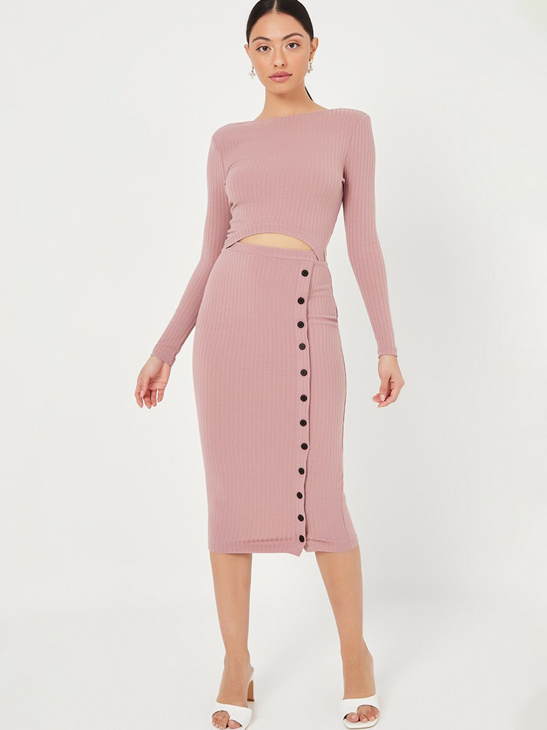 

Styli Cut-Out Detail Bodycon Midi Jumper Dress with Button Detail, Pink