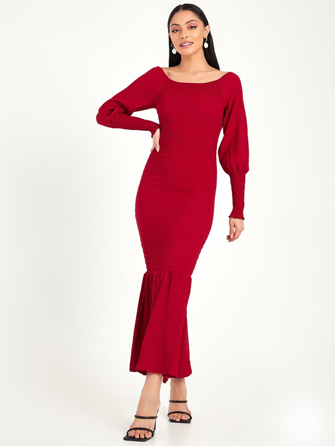 

Styli Maroon Long Sleeves Smock Detail Bodycon Maxi Dress