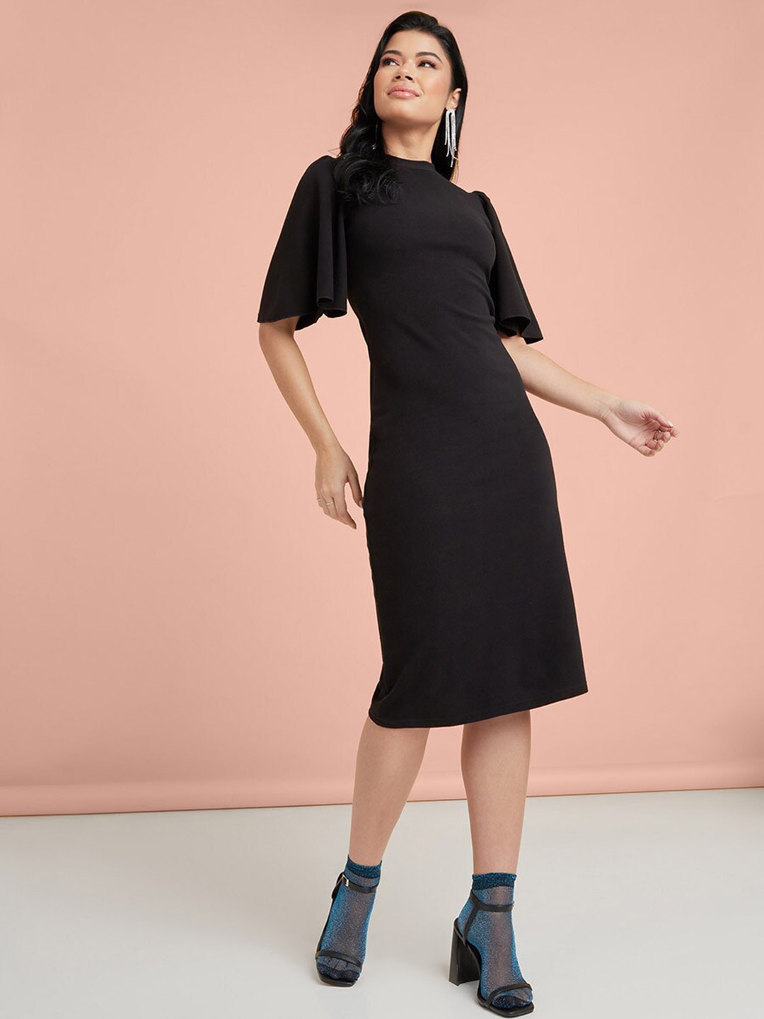 

Styli Black Angel Sleeves High Neck Bodycon Midi Dress