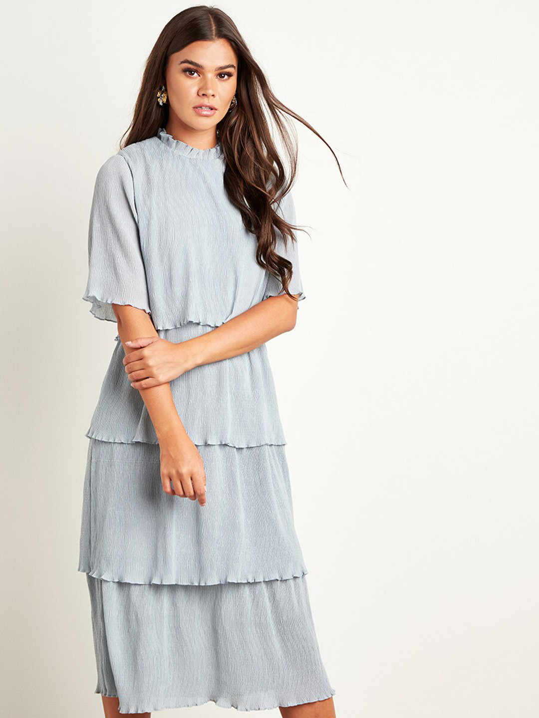 

Styli Blue Textured High Neck Layered Midi Dress