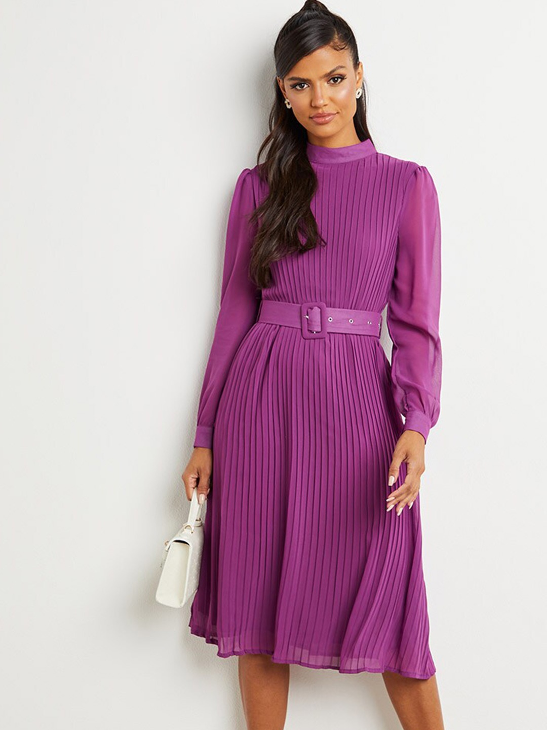 

Styli Pleated High Neck A-Line Midi Dress with Belt, Purple