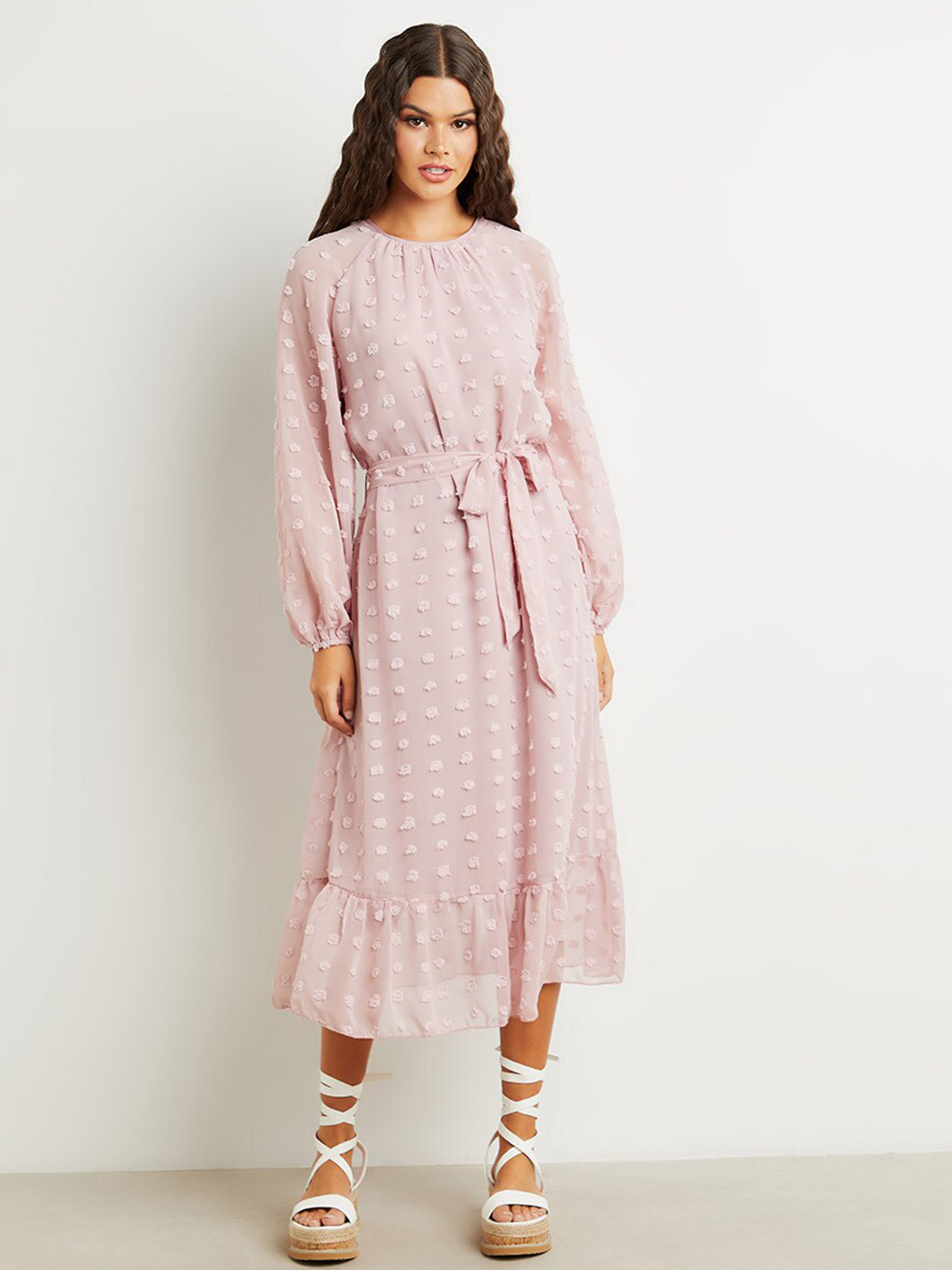 

Styli Dobby Spot A-Line Midi Dress With Belt, Pink