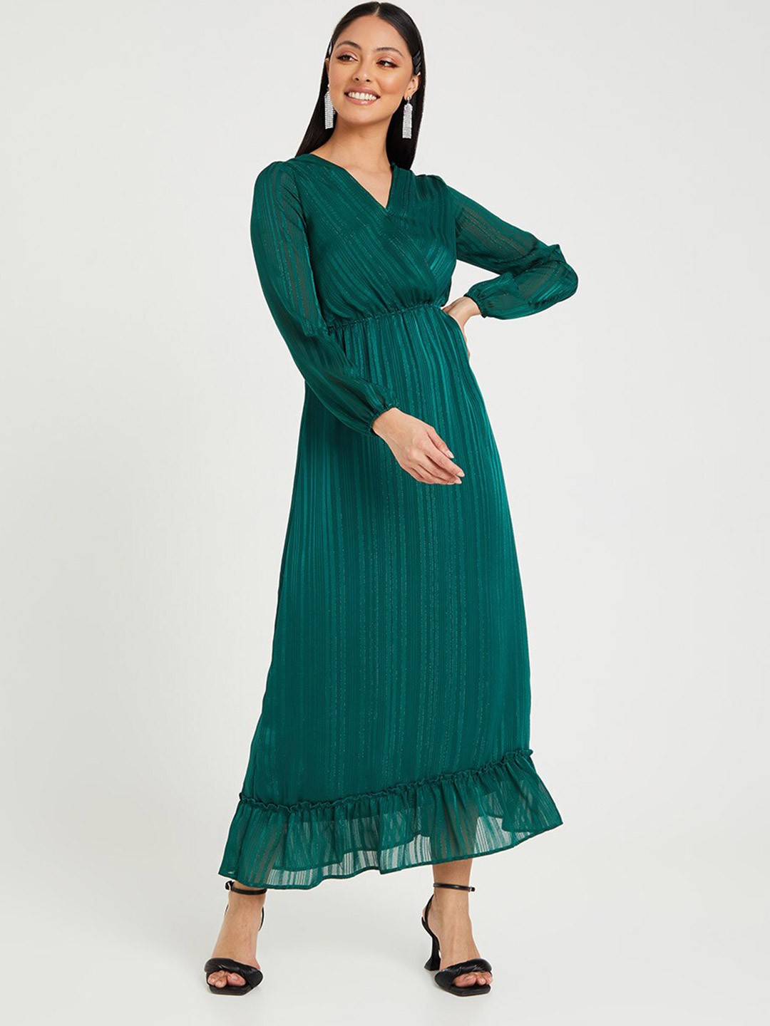 

Styli Green Long Sleeves V Neck A-Line Maxi Dress