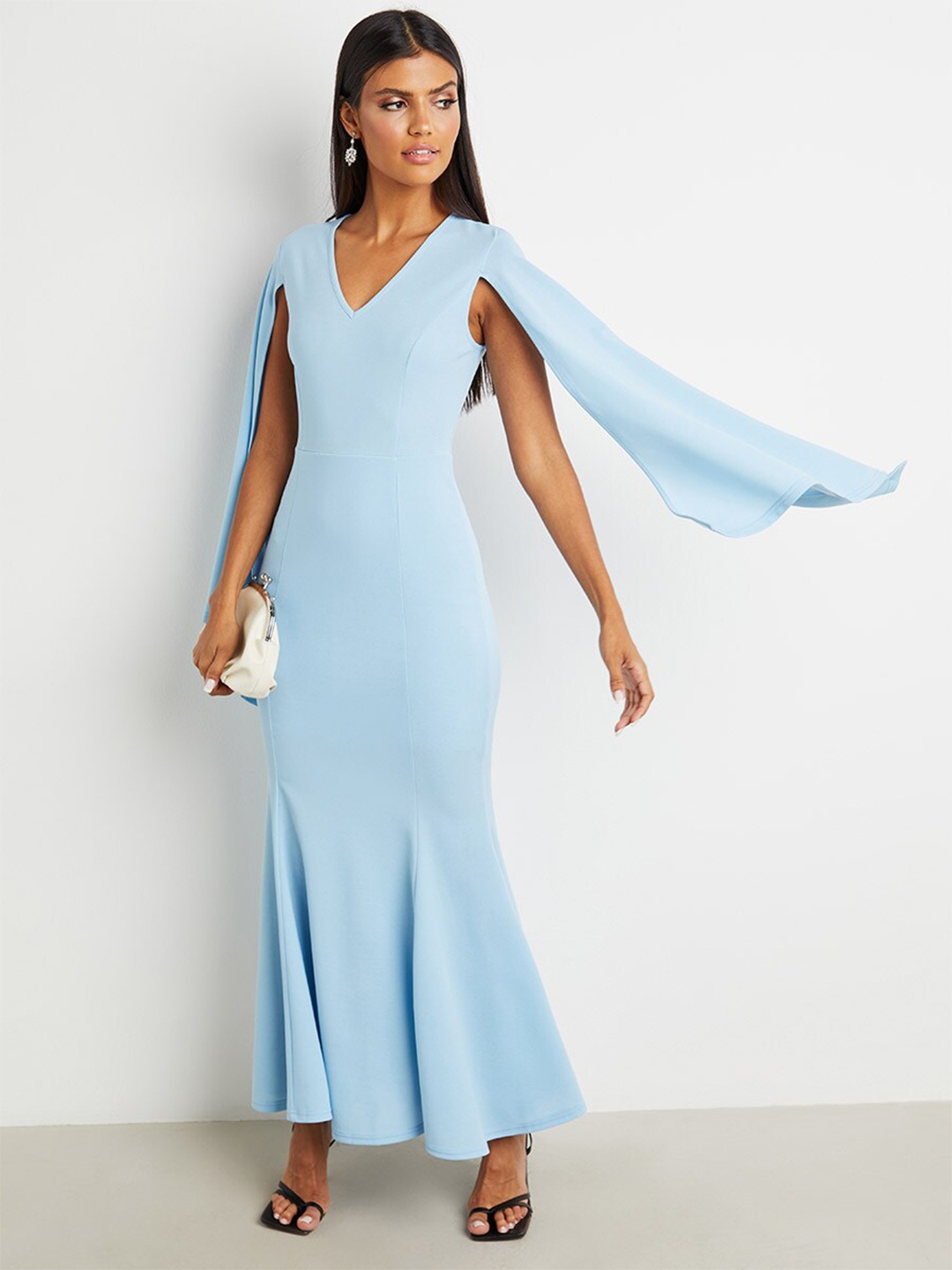 

Styli V Neck Cape Sleeves Mermaid Maxi Dress, Blue