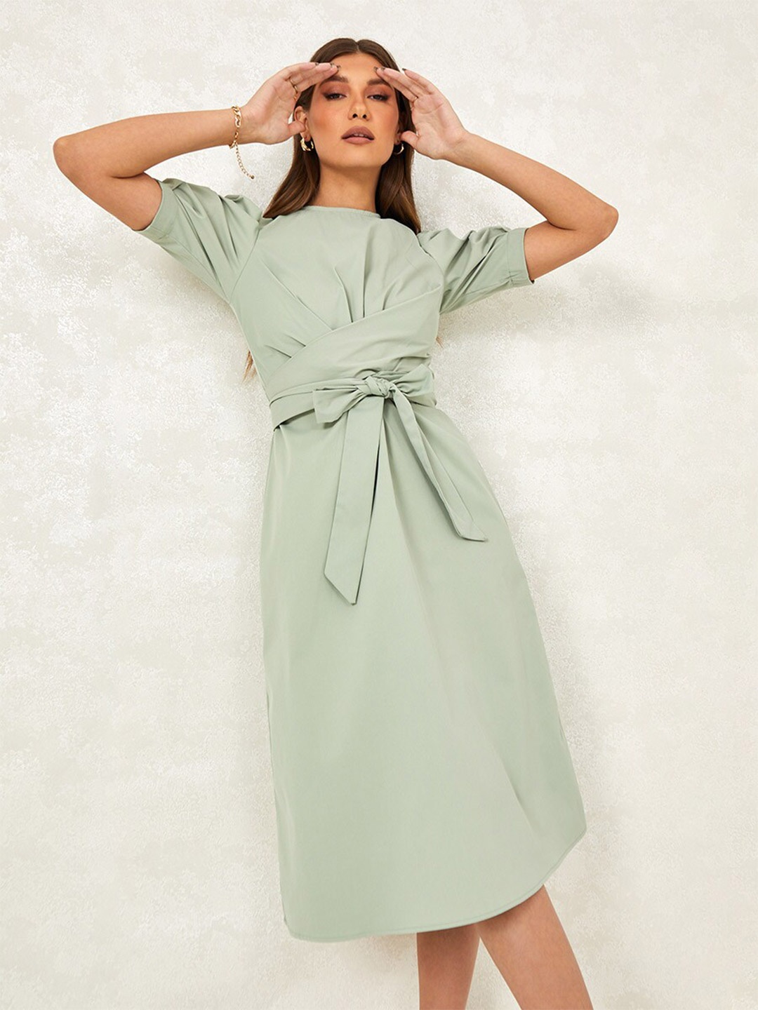 

Styli Green Short Puff Sleeves Self Tie Belt Detail A-Line Midi Dress