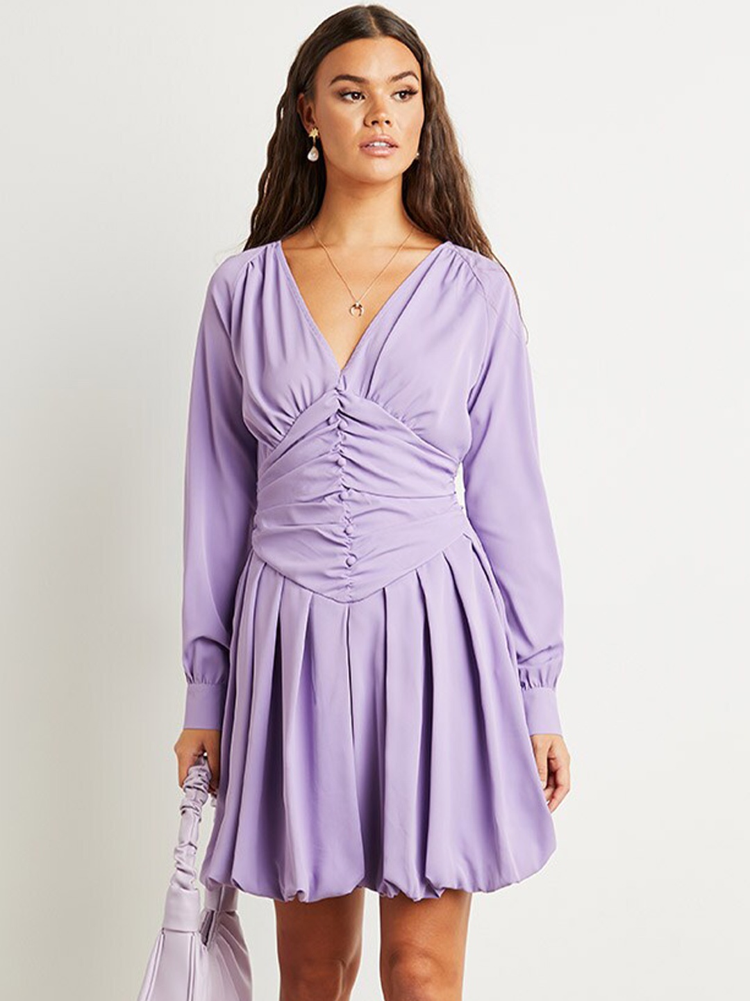 

Styli Button Detail Pleated Mini Dress, Lavender
