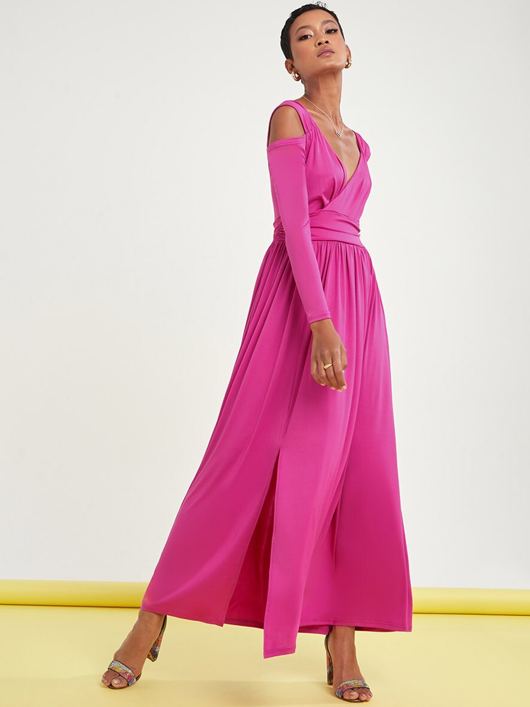 

Styli Purple Cold Shoulder Plunge Neck A-Line Maxi Dress