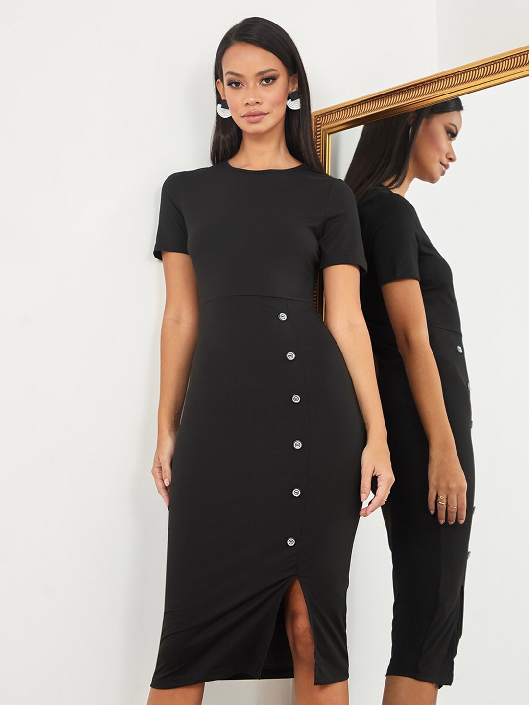 

Styli Black Front Button Detail Bodycon Midi Dress