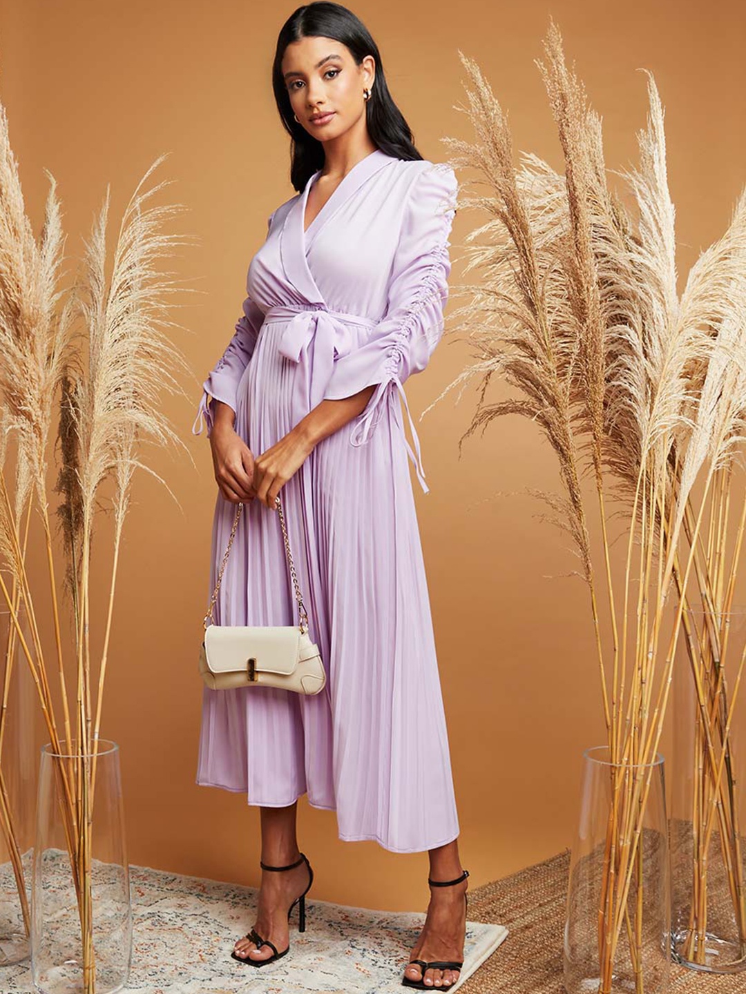 

Styli Women Pleated Ruched Sleeves Midi Dress with Tie Belt, Lavender