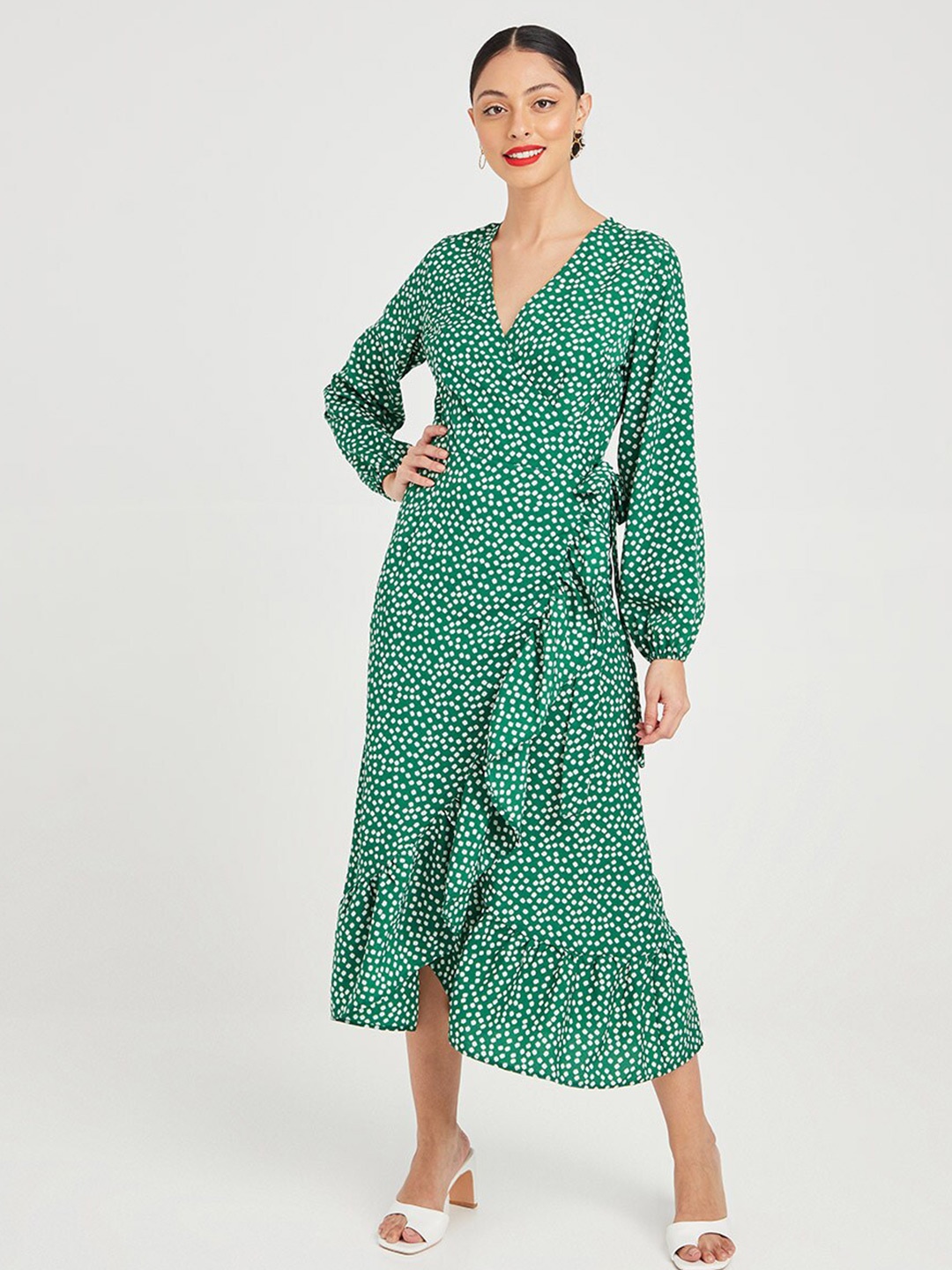 

Styli Women Ditsy Print Wrap Around A-Line Midi Dress, Green