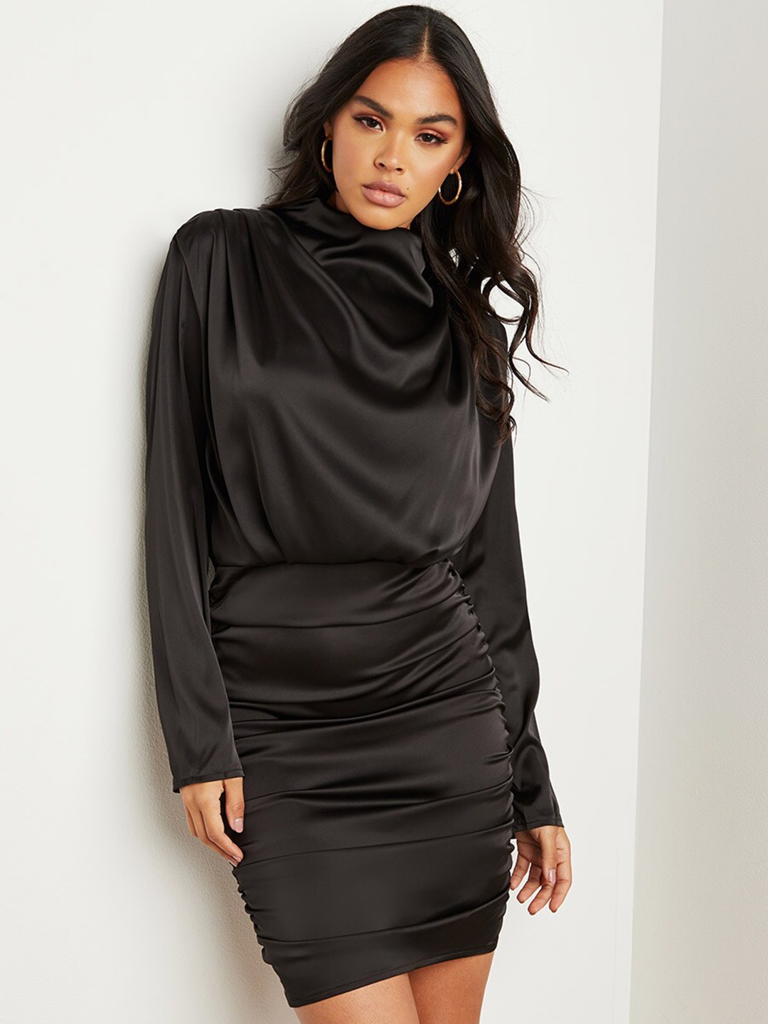 

Styli Black Gathered Detail Cowl Neck Bodycon Mini Dress