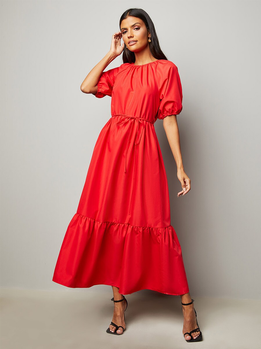 

Styli Women Tie Belt Detail A-Line Maxi Dress, Red