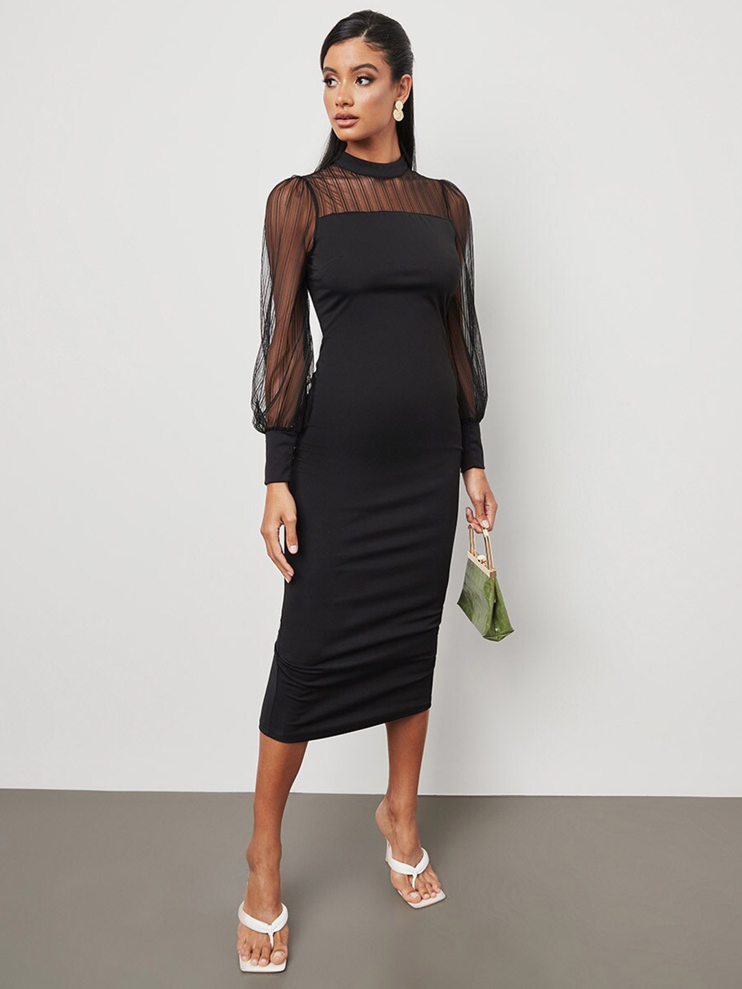 

Styli High Neck Mesh Yoke Bodycon Midi Dress, Black