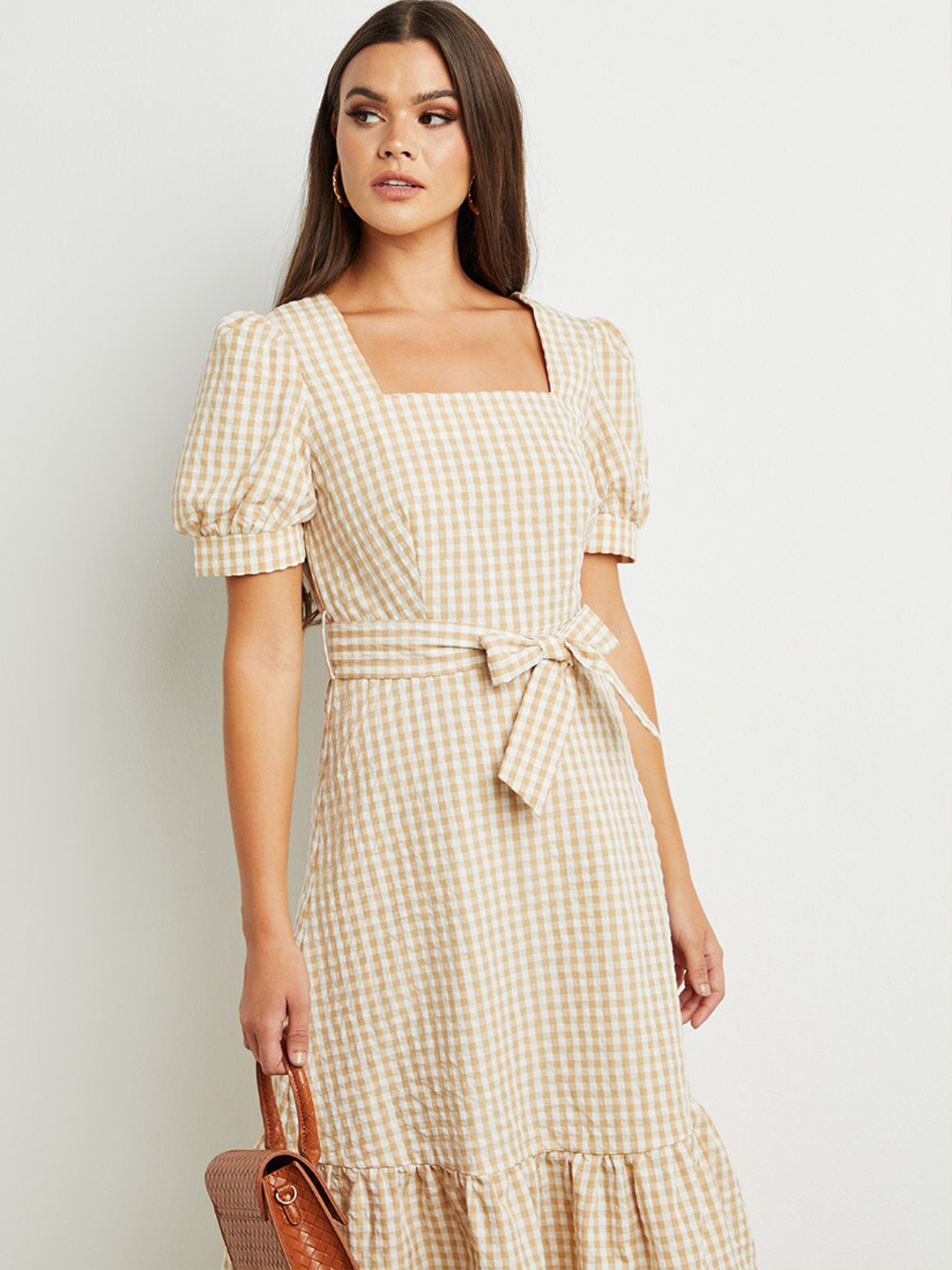 

Styli Women Gingham Plaid Square Neck Midi Dress with Belt, Cream