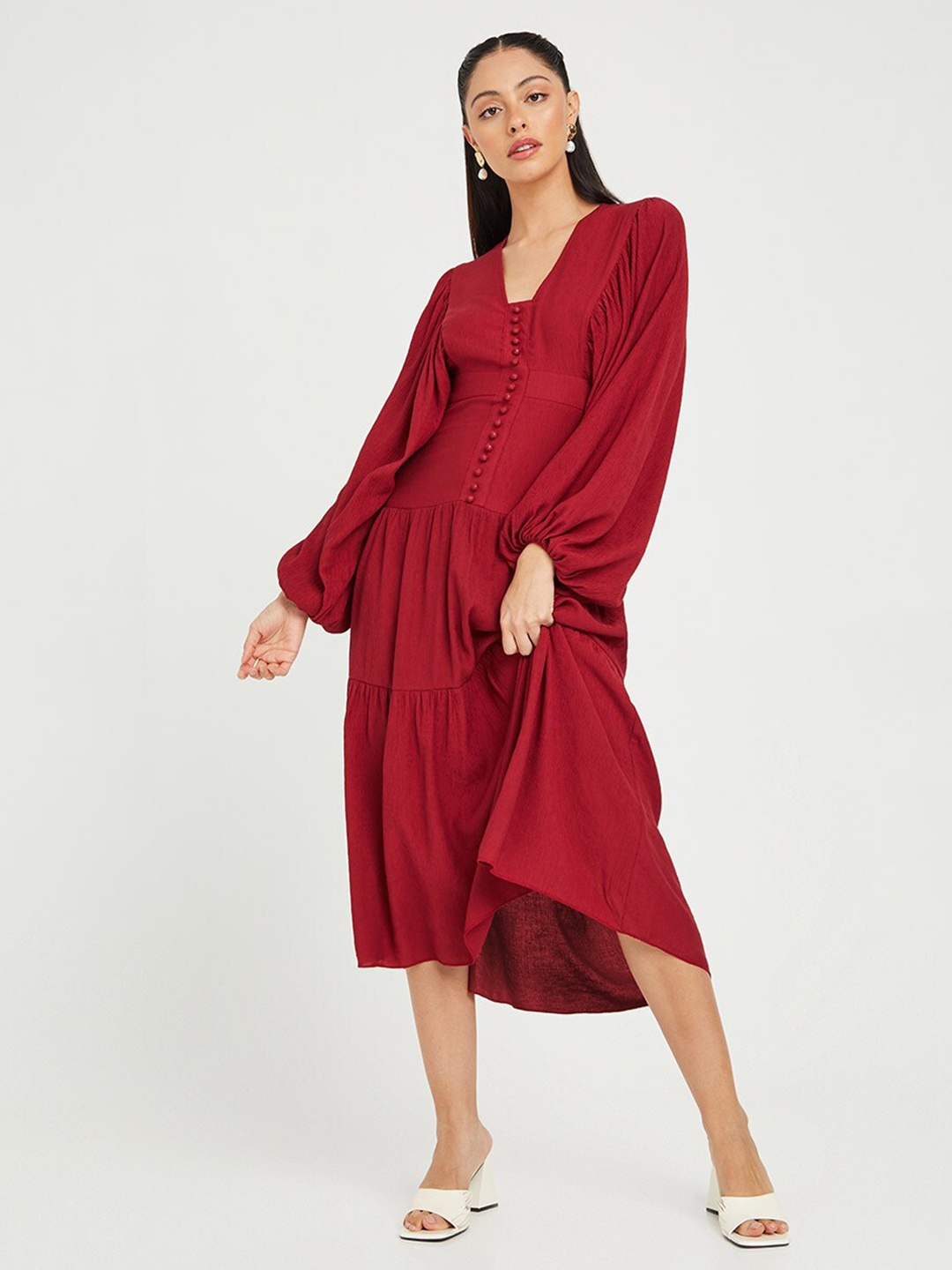 

Styli Solid Tiered Midi Dress, Maroon