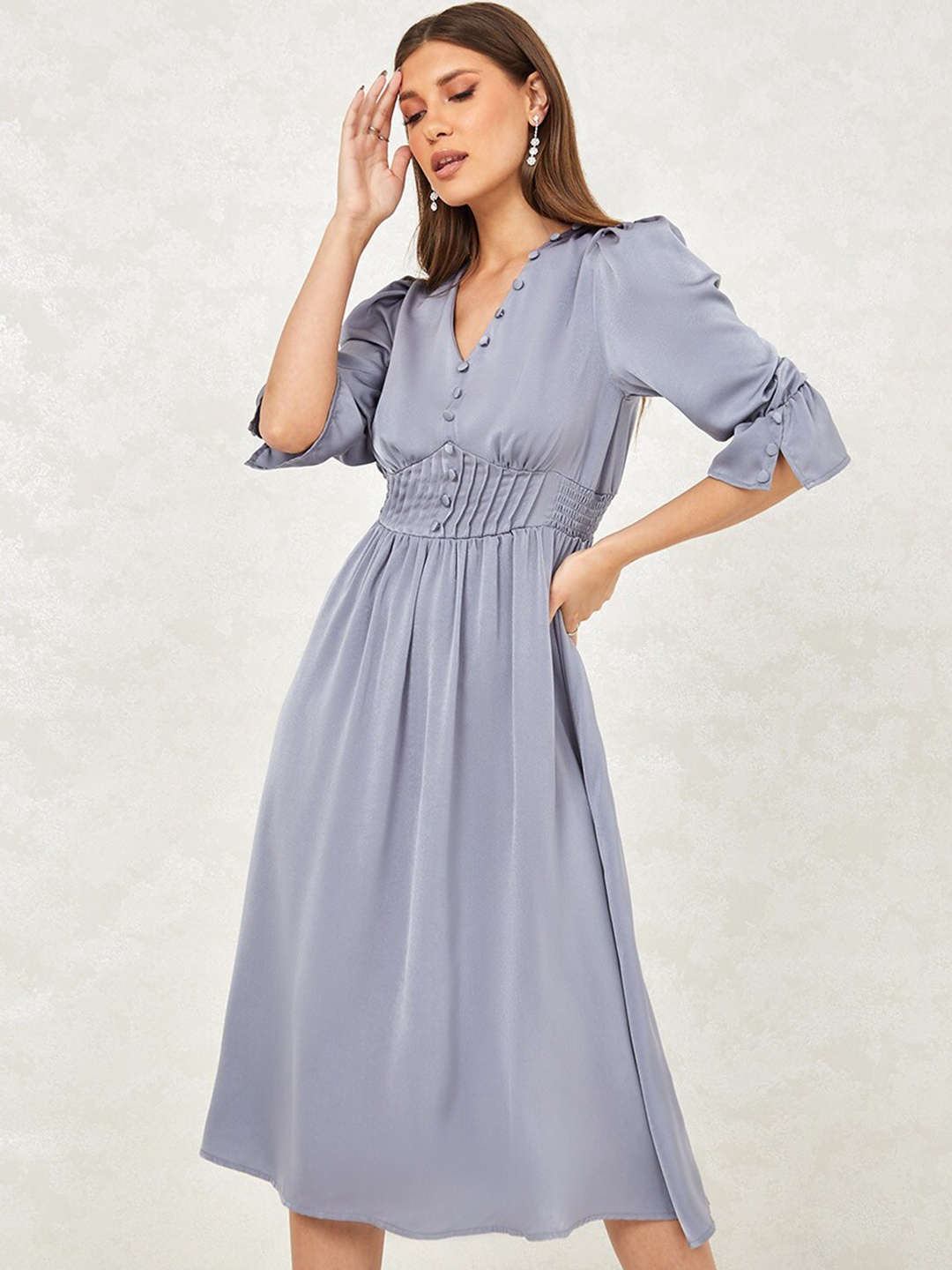 

Styli Grey 3/4 Sleeves Button Detail A-Line Midi Dress