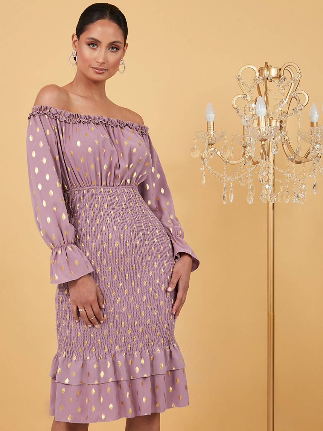 

Styli Purple Off Shoulder Foil Polka Print Shirred Bodycon Knee Length Dress