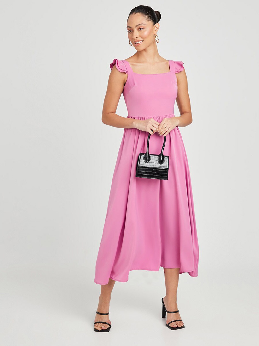 

Styli Women Ruffle Sleeves Square Neck A-Line Midi Dress with Zipper Closure, Pink