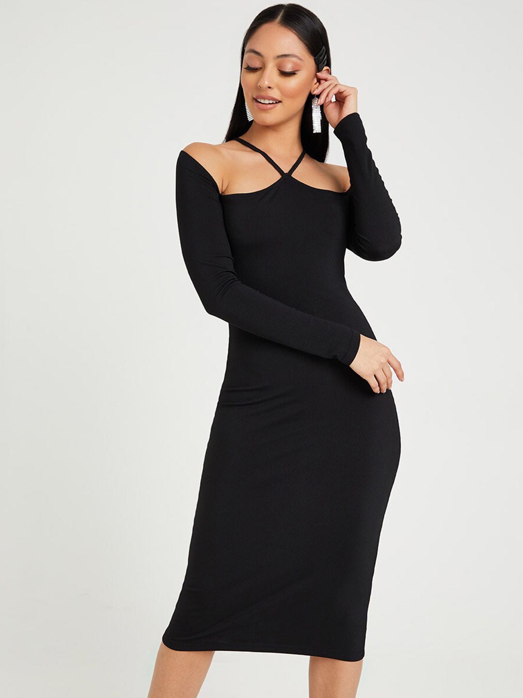 

Styli Black Long Sleeves Halter Neck Bodycon Midi Dress