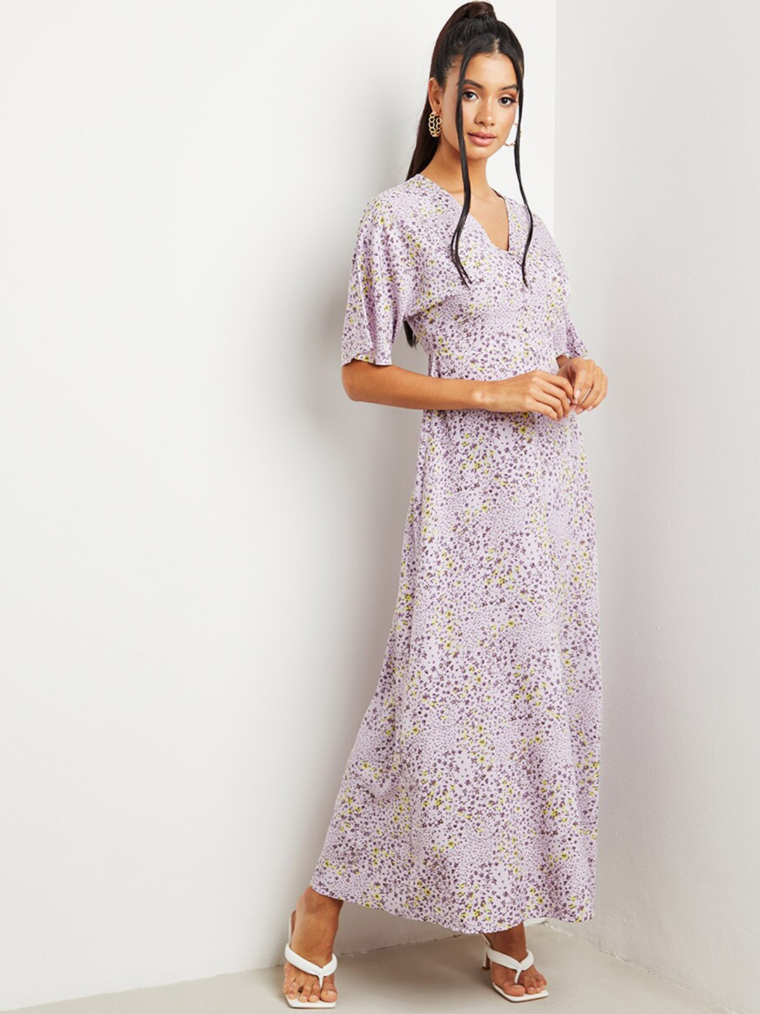 

Styli V-Neck Floral Print A-Line Maxi Dress, Lavender
