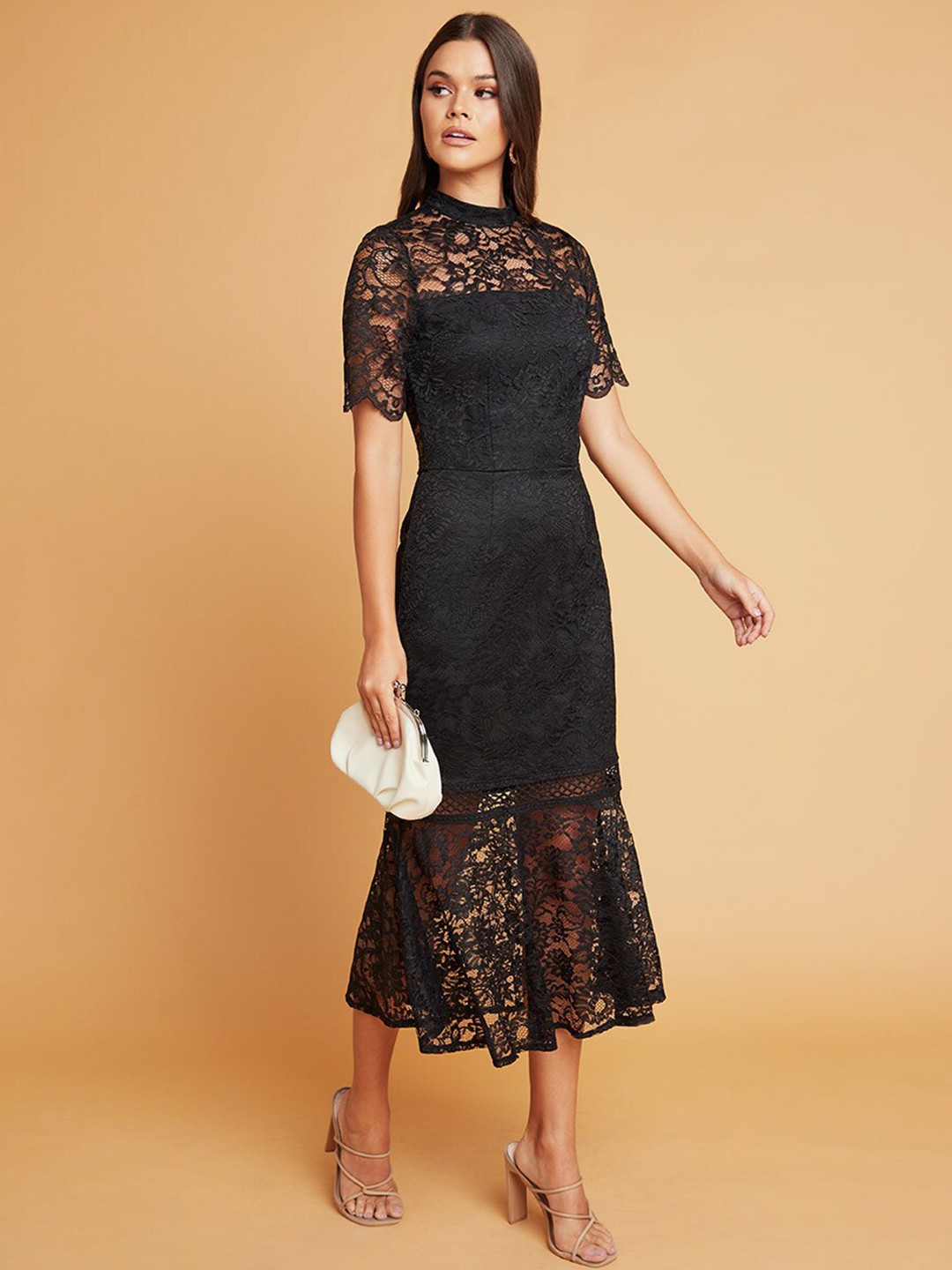 

Styli Lace Insert Cut-Out Back Detail Bodycon Midi Dress, Black