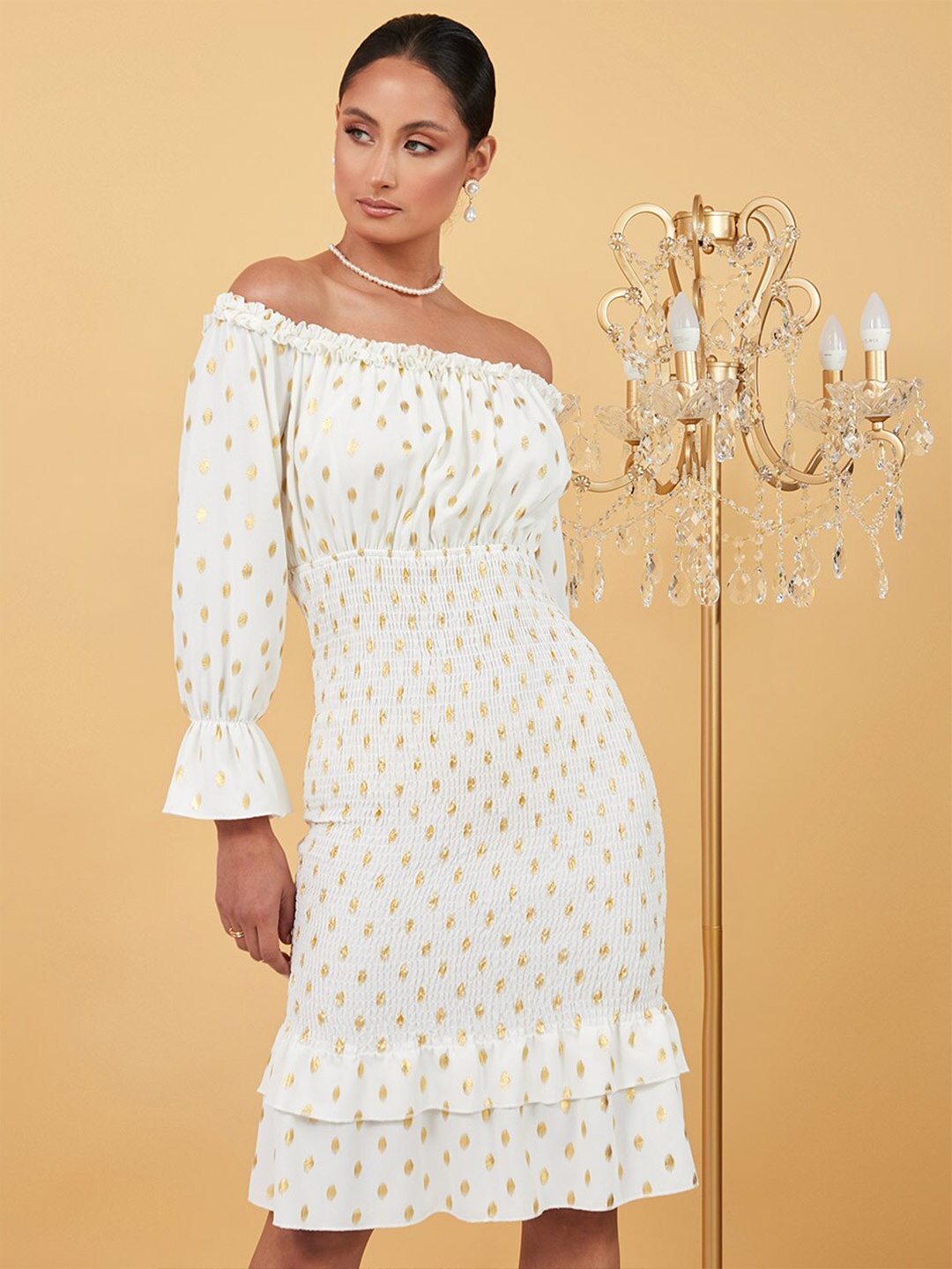 

Styli White Off Shoulder Foil Polka Print Shirred Bodycon Knee Length Dress
