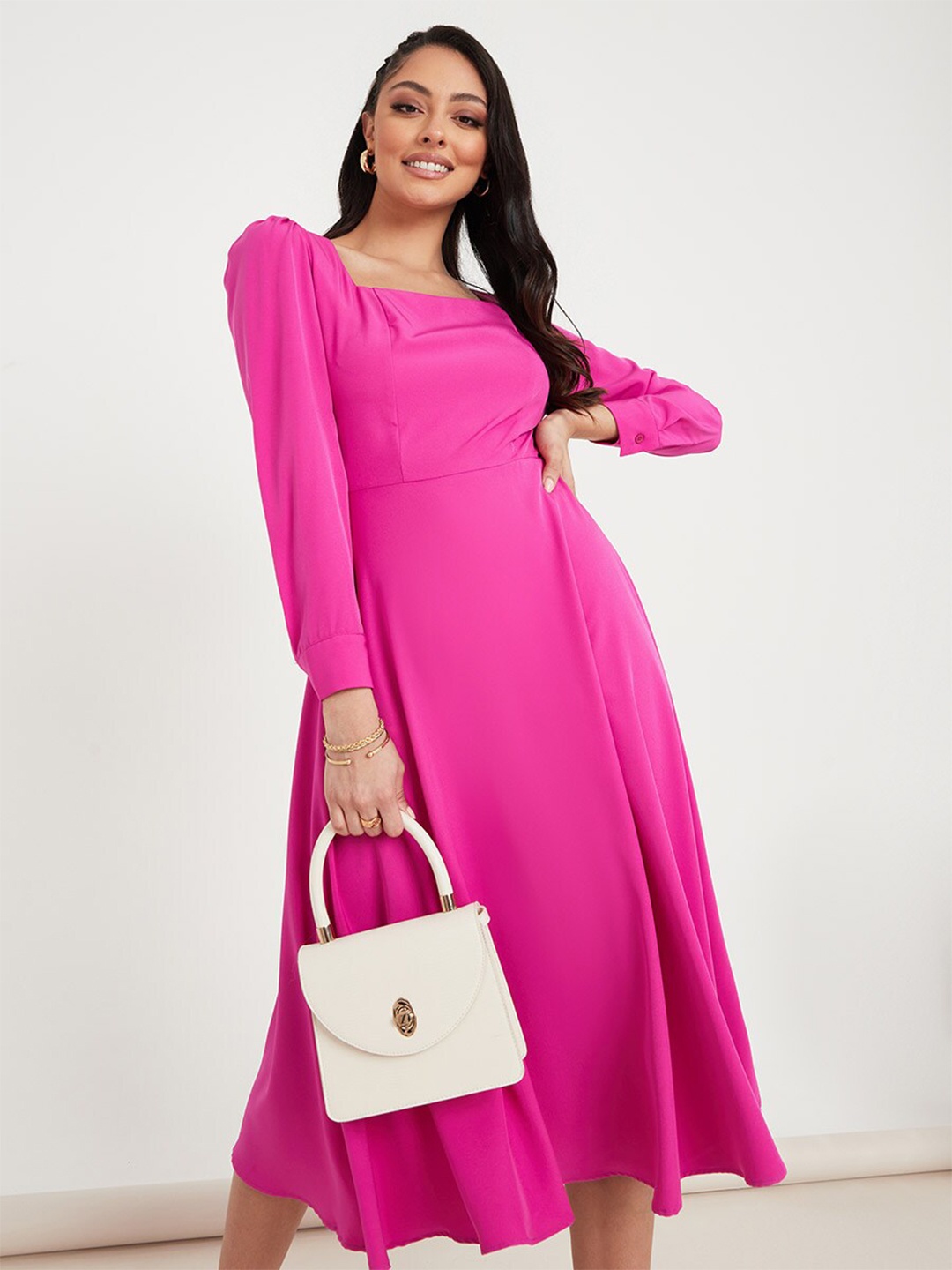 

Styli Purple Long Sleeves Square Neck A-Line Midi Dress