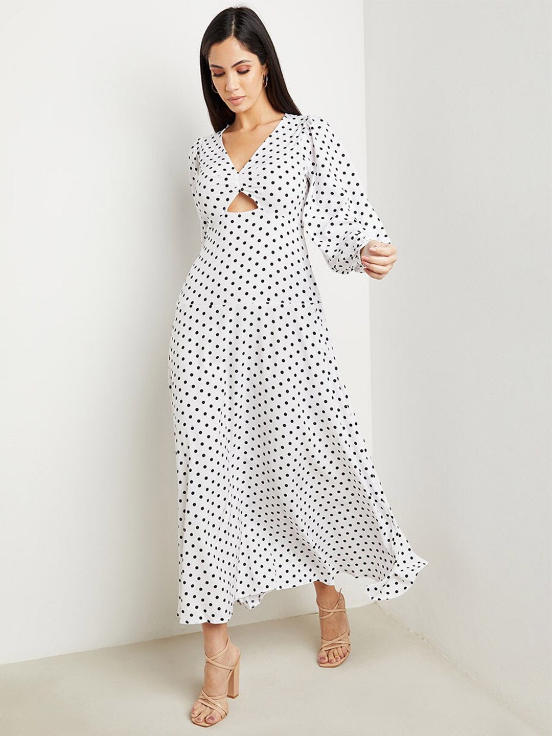 

Styli Women Polka Dot Print Cut-Out Detail A-Line Maxi Dress, White